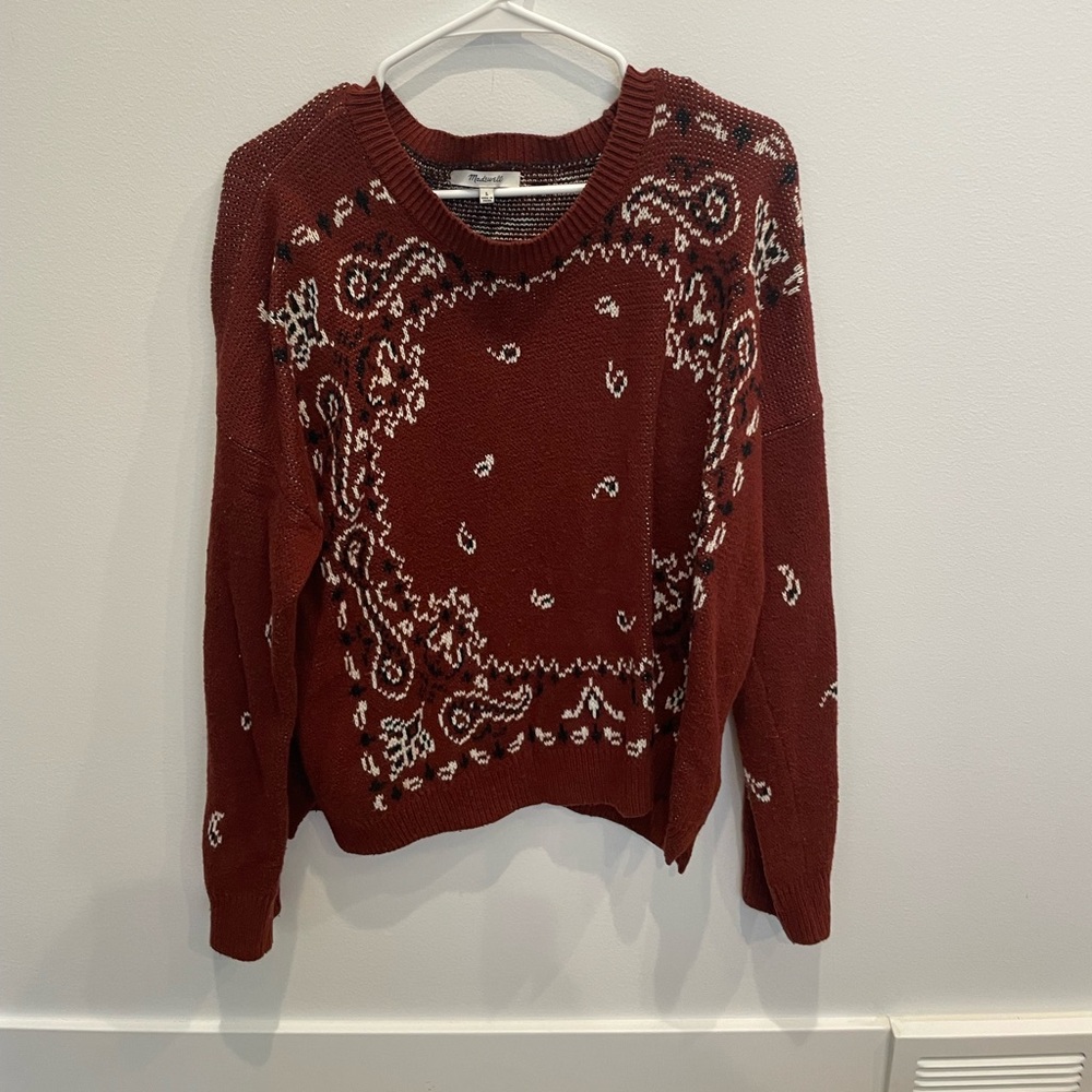 Madewell Rust Red and White Bandana Print Crewneck Sweater